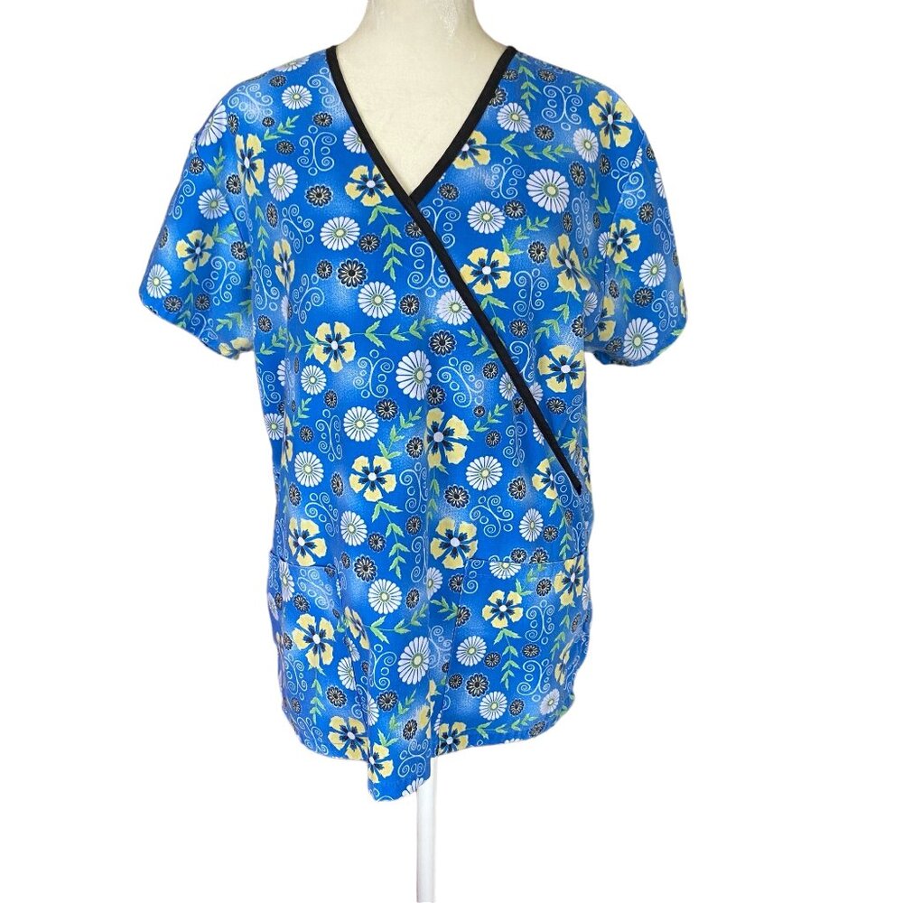 Absolute women's medium blue floral short sleeve v-neck pullover scrub top